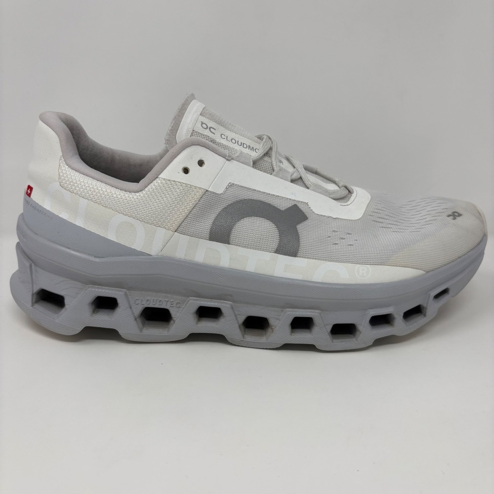 On Cloudmonster Mens Size 9.5 Grey White Athletic Running Shoes (61.97654)